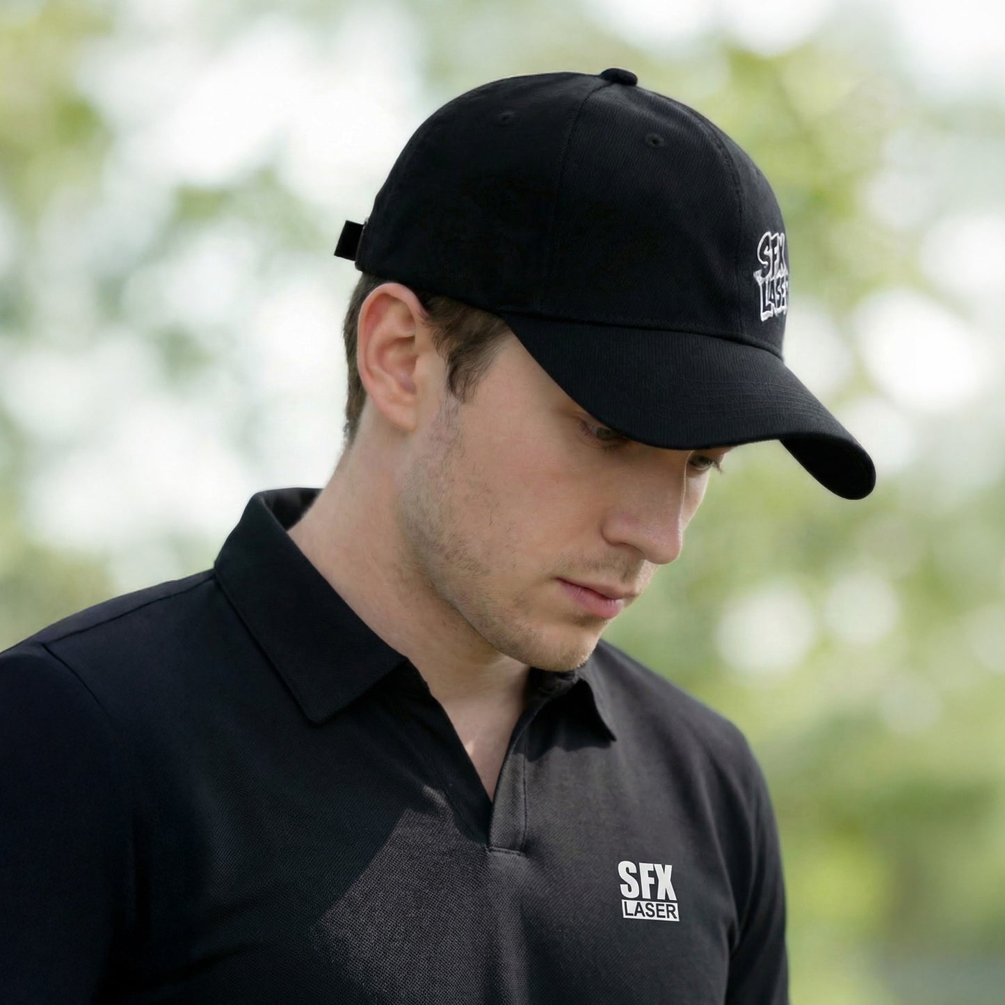 SFX Classic Black Baseball Cap with Embroidered Logo Adjustable Unisex Cotton Hat