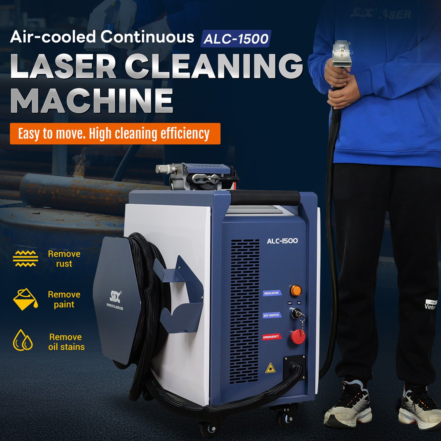 SFX 1500W Air-Cooled Laser Cleaning Machine 250mm Wide Scan Continuous Laser Cleaner 220V Smart IoT Remote Portable Laser Rust Removal for Rust Paint Oil Stains