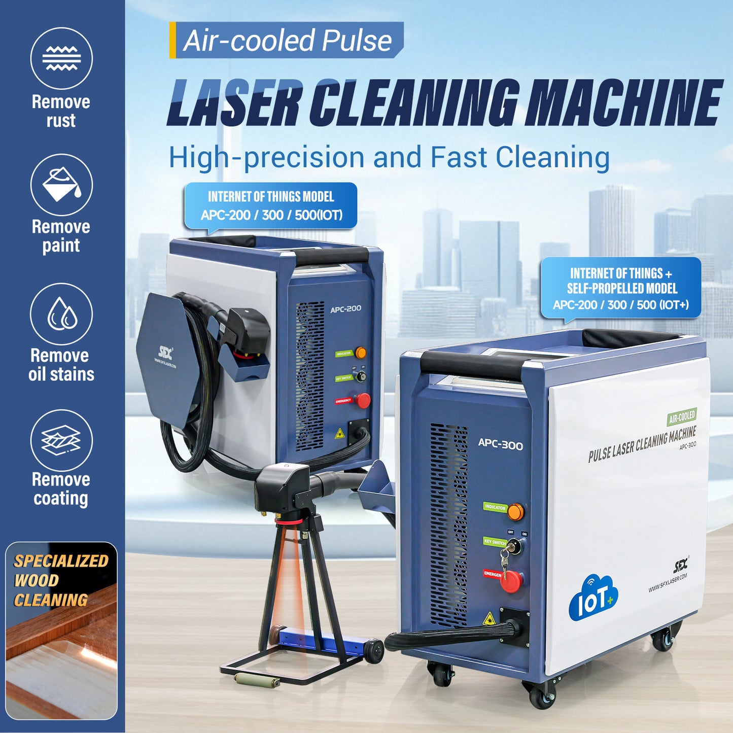 SFX 300W IOT Air-cooled Laser Cleaning Machine AC110V-220V Pulsed Laser Rust Removal for Wood Rust Paint Oil Stains Coating