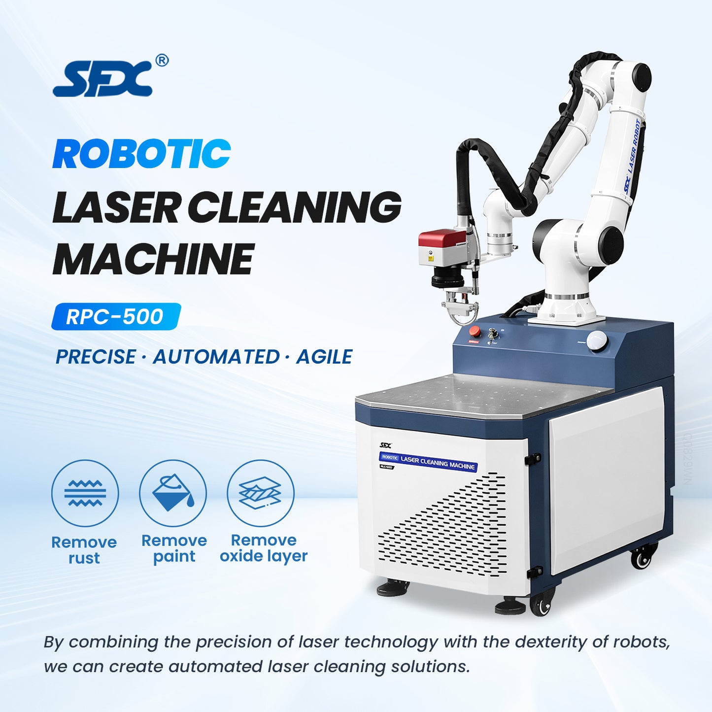 SFX Robotic Laser Cleaning Machine 6-Axis Collaborative Robotic Arm Automatic Rust Paint Remover for Industrial Casting, Rail Transit Cleaning