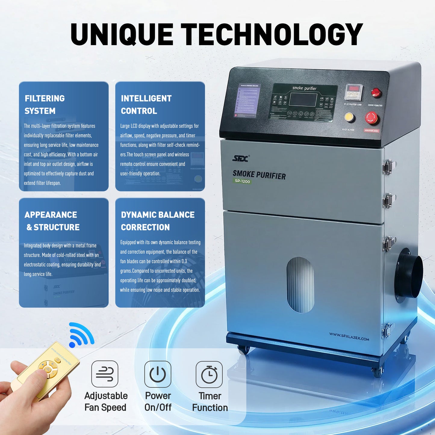 SFX 1200W Smoke Purifier 2000m³/h High Efficiency Laser Fume Extractor with Automatic Pulse Jet Cleaning for Laser Marker Engraver Cutter Welder